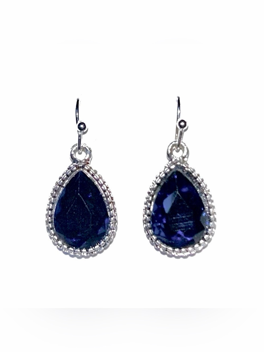 Silver Teardrop Blue Crystal Dangle Earrings